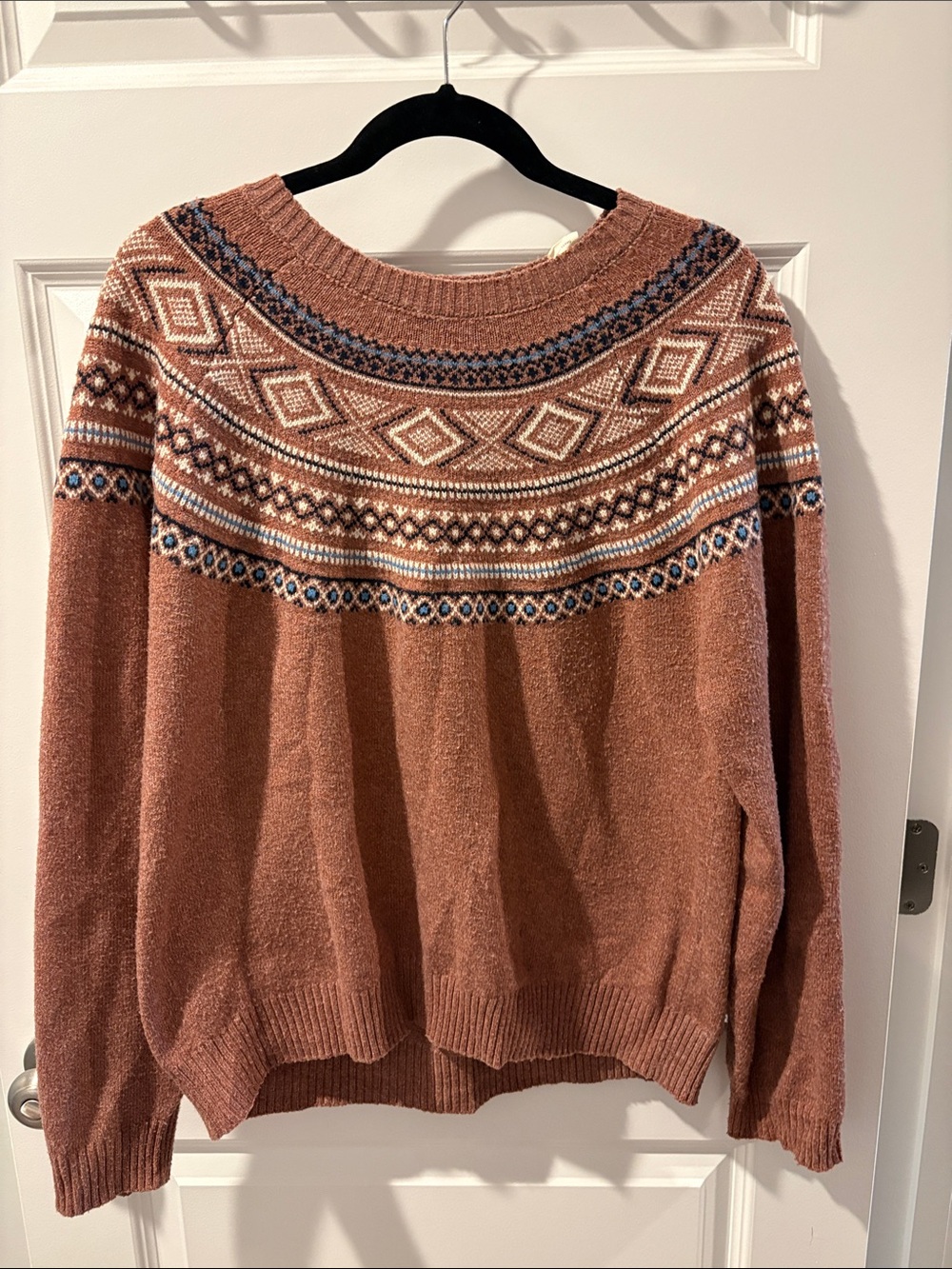 Weatherproof Women's Fair Isle Crewneck Sweater in Rust and Cream